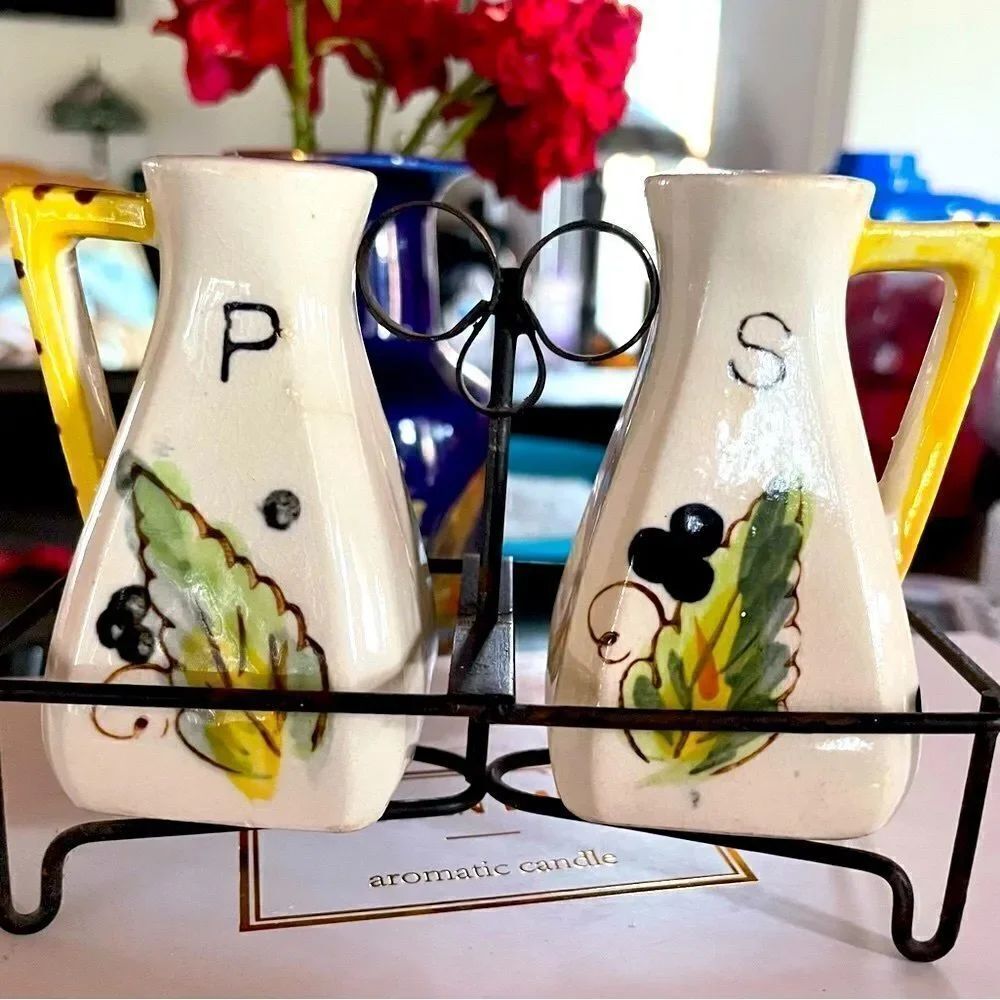 Ceramic Salt & Pepper Shakers with Iron Holder